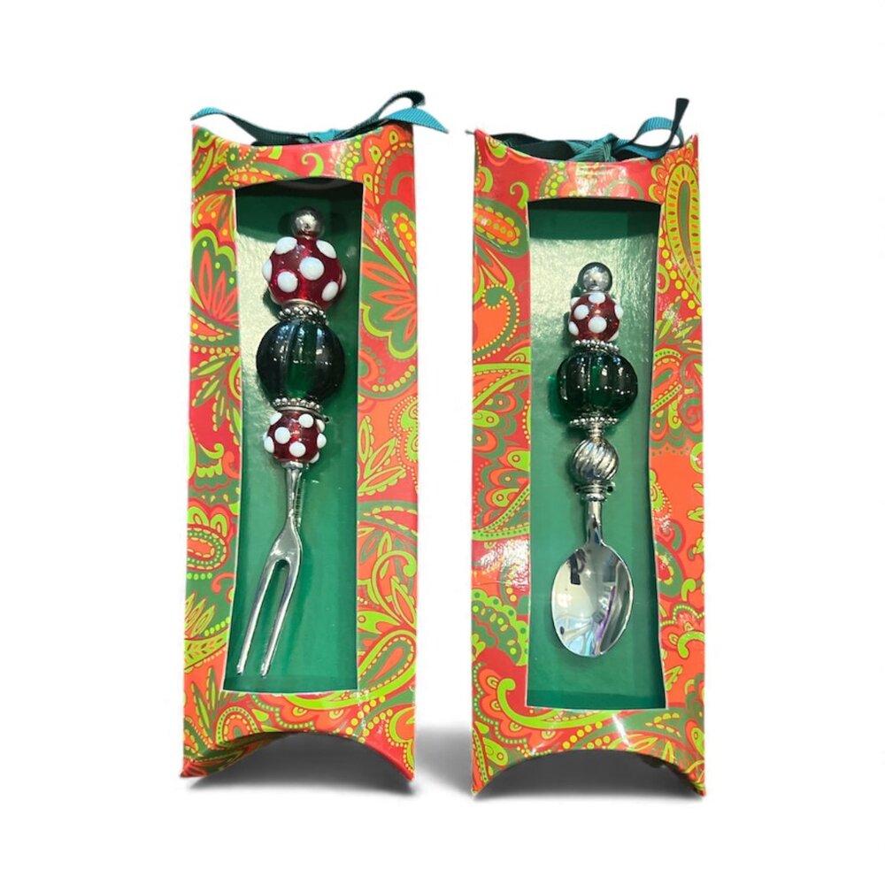 MUDPIE Beaded Cocktail Fork and Beaded Demi Spoon NEW in Boxes Christmas Colours